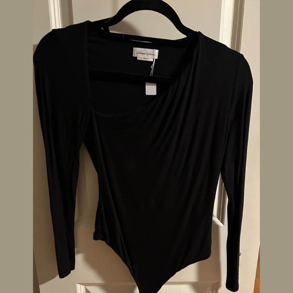 Lovers + Friends Cullen Bodysuit Black Asymmetrical Long Sleeve Revolve, Size S